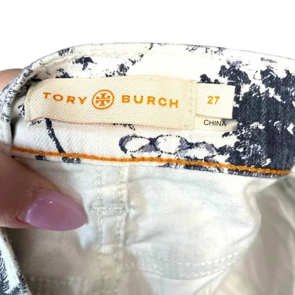 Tory Burch Frenesi Frayed Tropical Palm Tree Printed Denim Shorts Size 27‎